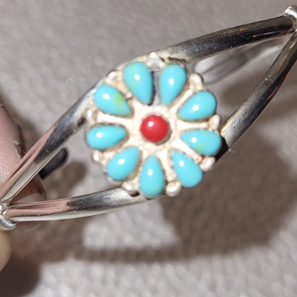 Vintage Sterling,Turquoise & Coral Cuff Bracelet - Picture 9 of 10